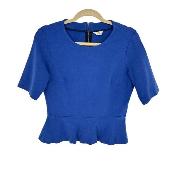 Club Monaco Peplum Blouse Blue Short Sleeved Ponte Fabric Size M - Picture 1 of 11